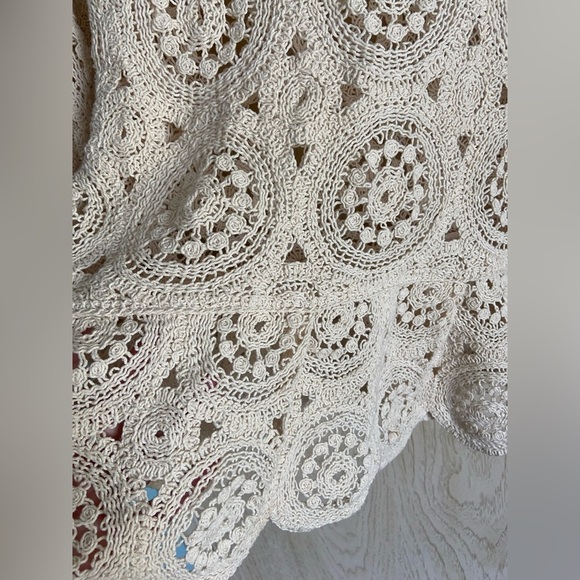 Vintage Solitaire XL Crocheted Knit Top Beige Circles Poplin Short Bubble Sleeve - Picture 4 of 11